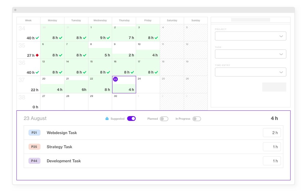 Forecast Timesheet with celendar and AI suggested tasks