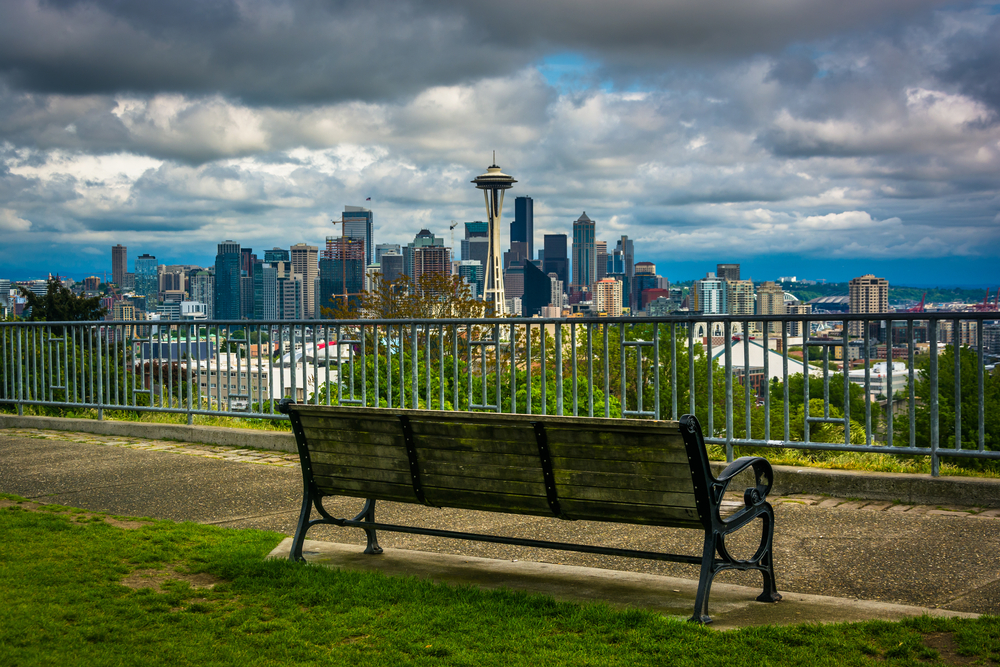 Bench and view of the downtown Seattle skyline, in Seattle, Washington.